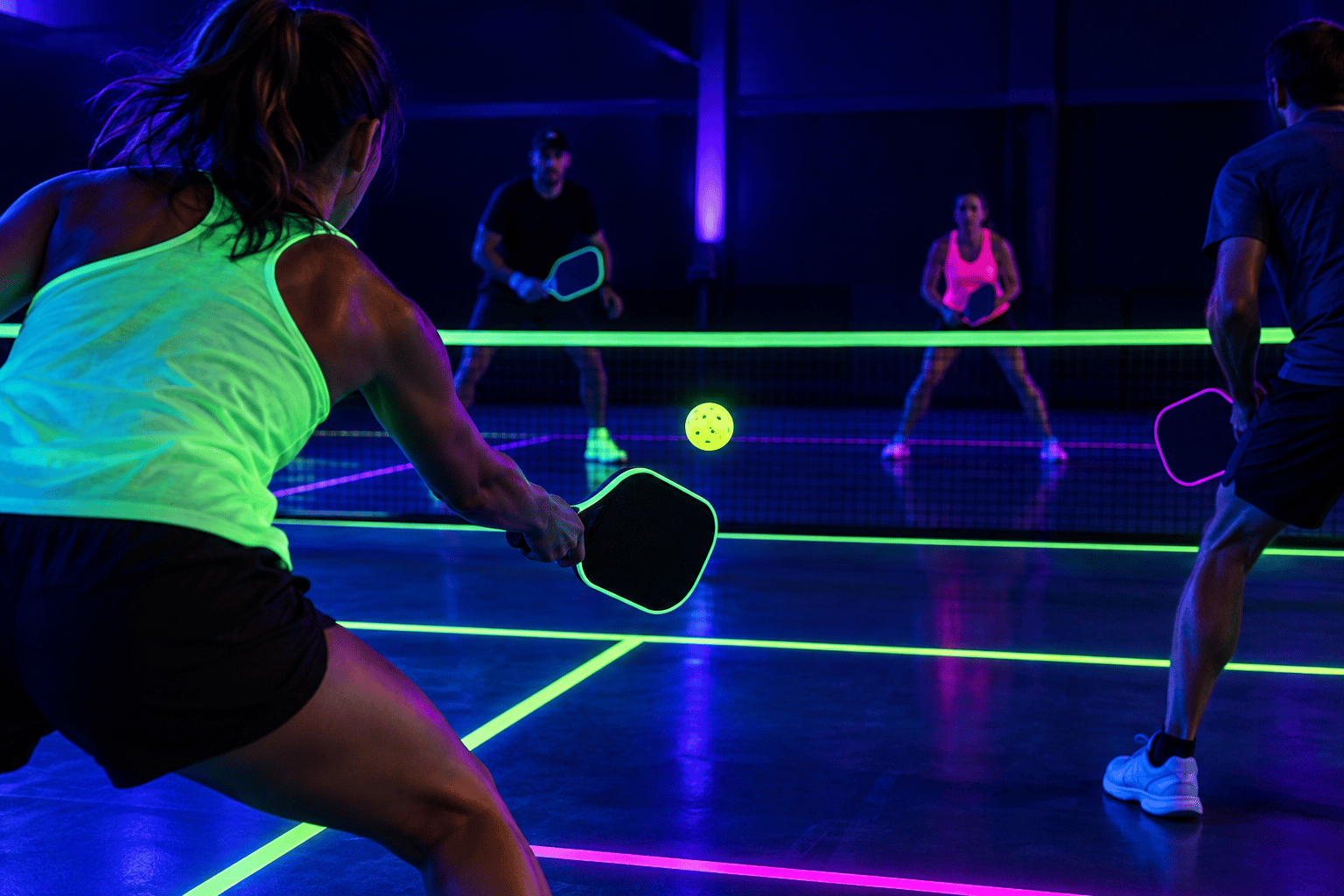 Double de pickleball sous lumière noire, paddles fluo, balle perforée lumineuse et lignes fluorescentes